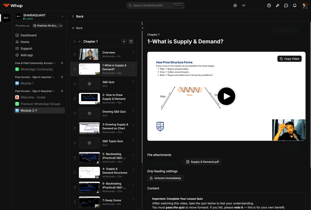 The ShariaQuant course inside Whop: the Chapter 1 lesson list with video lengths and quizzes, and the Supply and Demand lesson open.